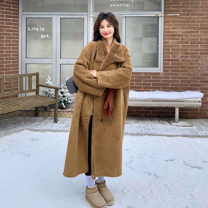 【アウター】韓国風 リバーシブル スエード調 × シープボア ロング丈 レディース 冬 新作 綿入れコート【JZシリーズ】