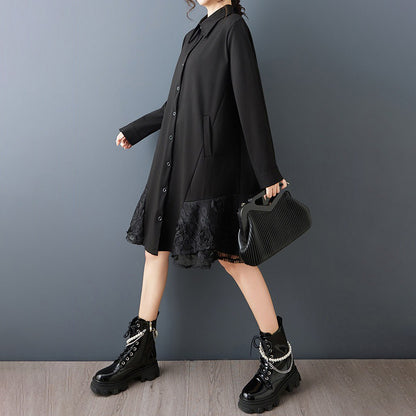 【ワンピース】春新作 デザイン感立体フラワー レース切り替え アシンメトリー 襟付き 長袖ワンピース 上品フェミニン 大人きれいめ【AHシリーズ】