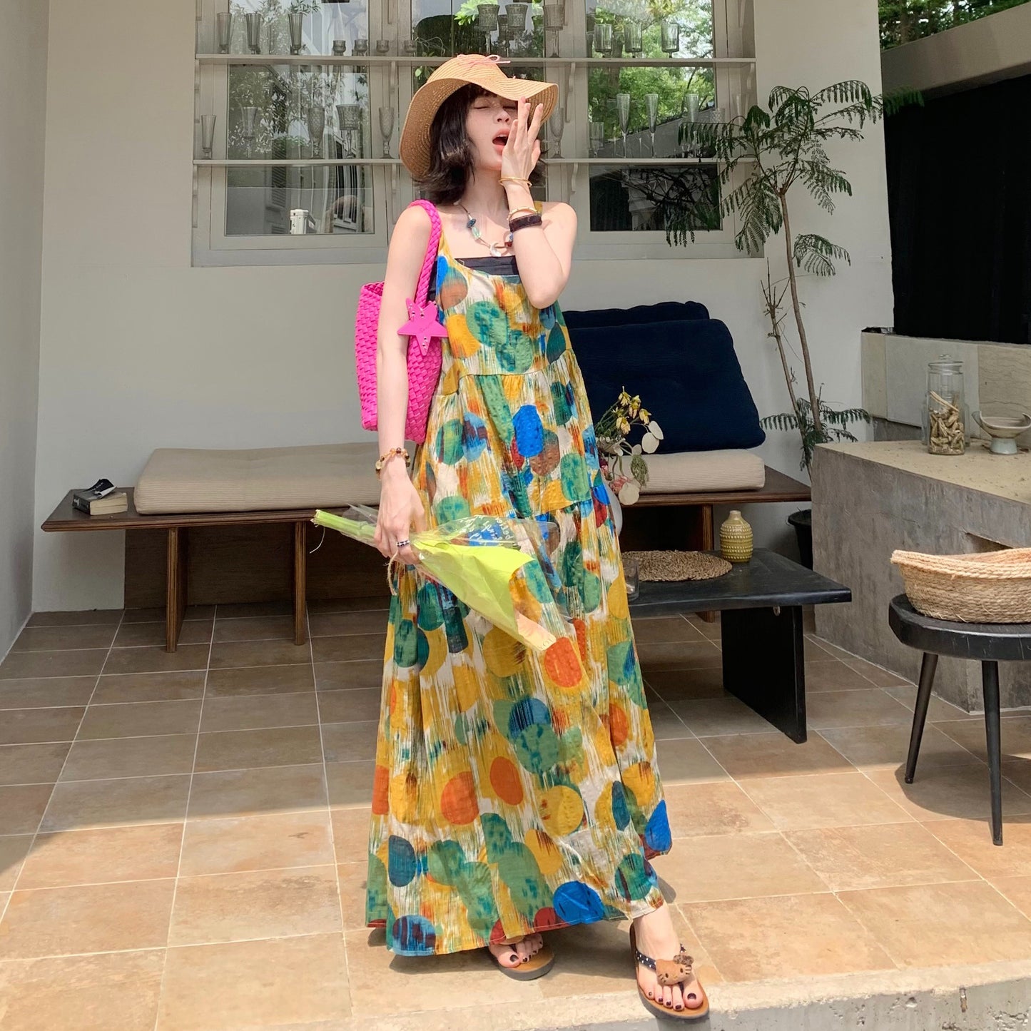 🚀 大人気商品【ワンピース】アート油絵風 ゆったりレトロ 着痩せ効果 ノースリーブワンピース【SHシリーズ】