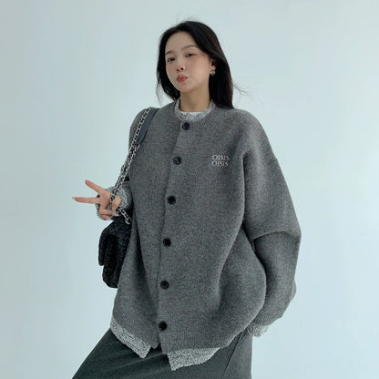 【アウター】春 秋 冬  厚手 フェイクレイヤード ボタン付き ニット ジャケット 【FCシリーズ】