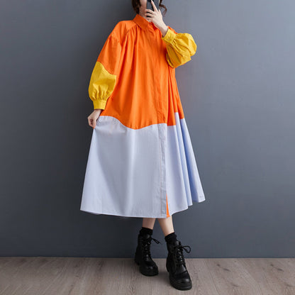 60%OFF⭐️期間限定【ワンピース】韓国風 カジュアル 配色 ランタンスリーブ ゆったり ミディ 春夏新作  長袖 シャツワンピース【JZシリーズ】