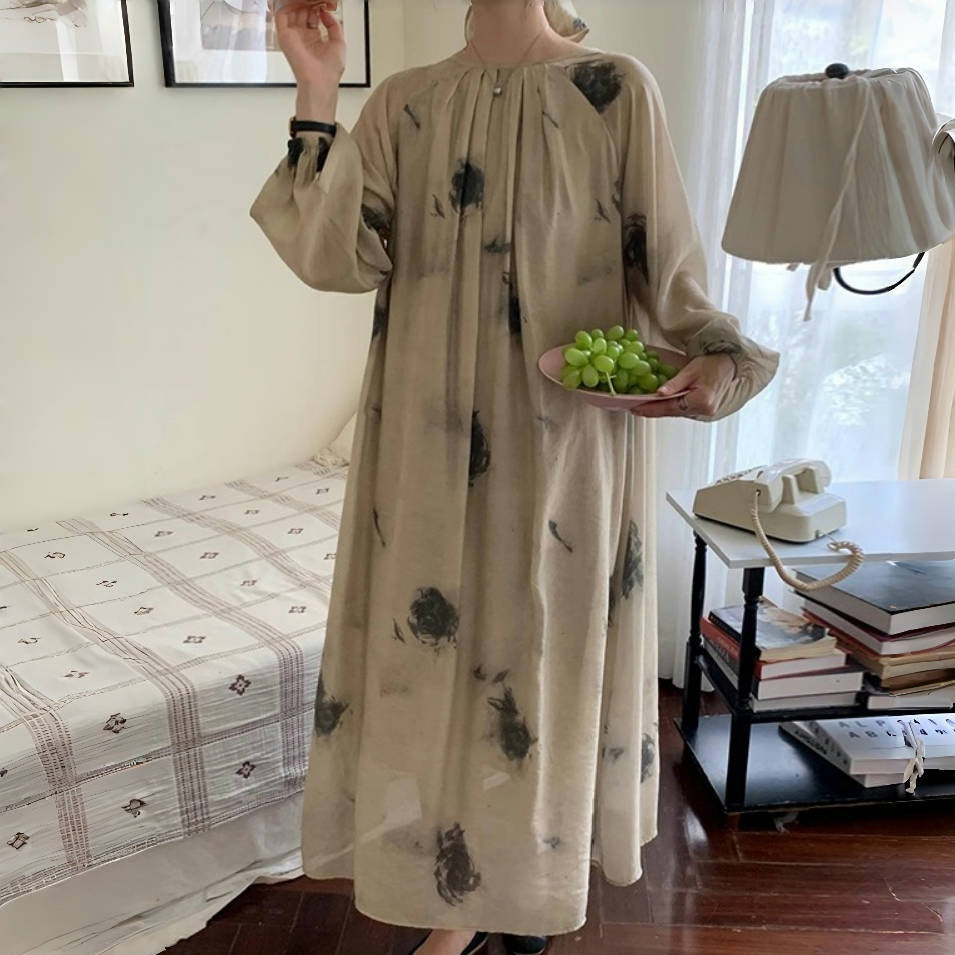 【ワンピース】春秋 レトロ 気質よい プリント シャーリング 着痩せ 長袖ワンピース