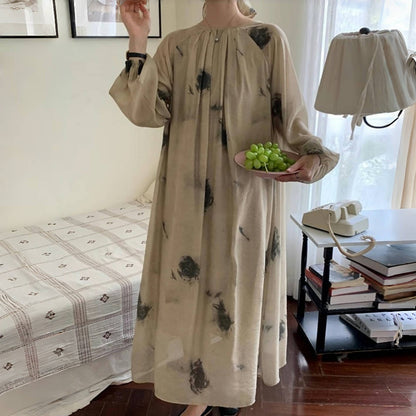 【ワンピース】春秋 レトロ 気質よい プリント シャーリング 着痩せ 長袖ワンピース