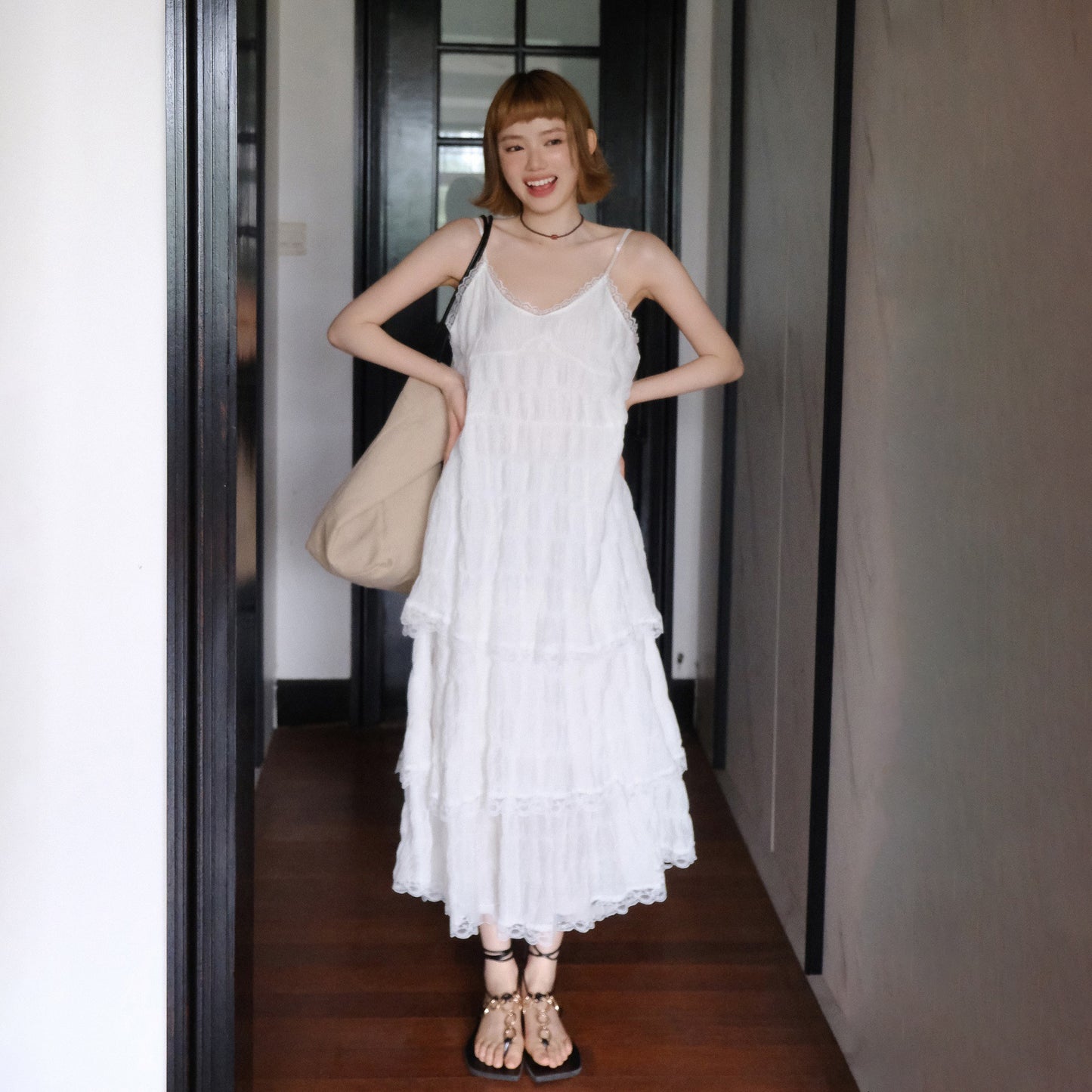 【ワンピース】レース Vネック アンダートレンドフェアリーワンピース ノースリーブワンピース【JZシリーズ】