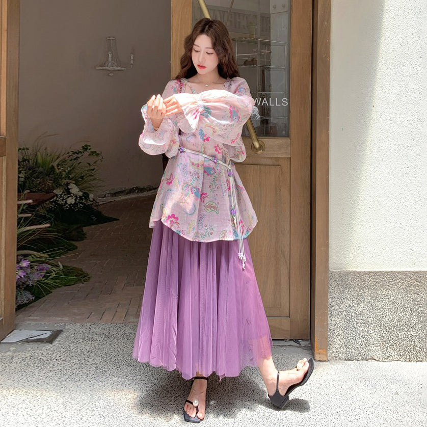 2点セット！【セットアップ】花柄 UVカットシースルーカーディガン＋チュールスカート 上下セット 春秋 フレンチロマンティック 超映え【SHシリーズ】