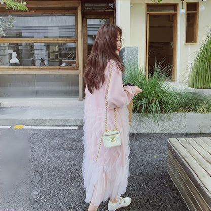 【ワンピース】カジュアル ミックス チュール 若見え 合わせやすい 長袖ワンピース【JZシリーズ】