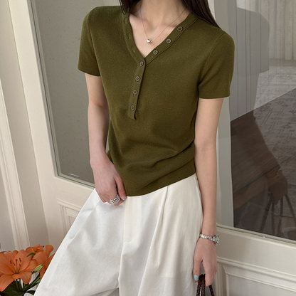 【トップス】Vネック ニットトップス レディース 春新作 半袖 フィット 体型カバー きれいめ カジュアル【JZシリーズ】