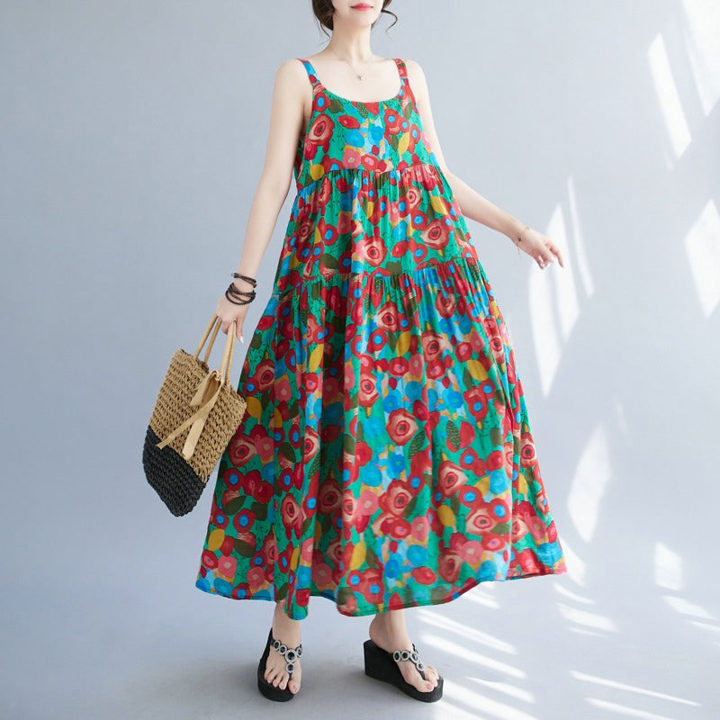 【ワンピース】体型カバー 花柄キャミワンピース｜ゆったり大きめサイズ ヴィンテージ風ロングノースリーブワンピース【SHシリーズ】