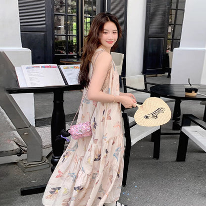 【ワンピース】夏 ビーチリゾート風 蝶柄 ノースリーブワンピース【SHシリーズ】