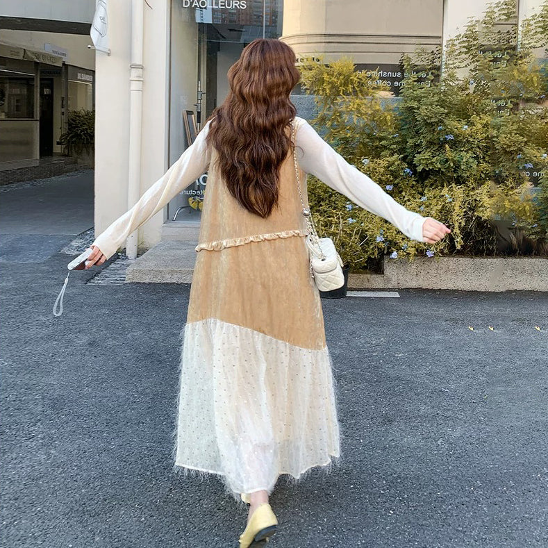 【ワンピース】ベロアスパンコールフリンジワンピース レディース ノースリーブ ロング丈 配色 シャンパンカラー【JZシリーズ】