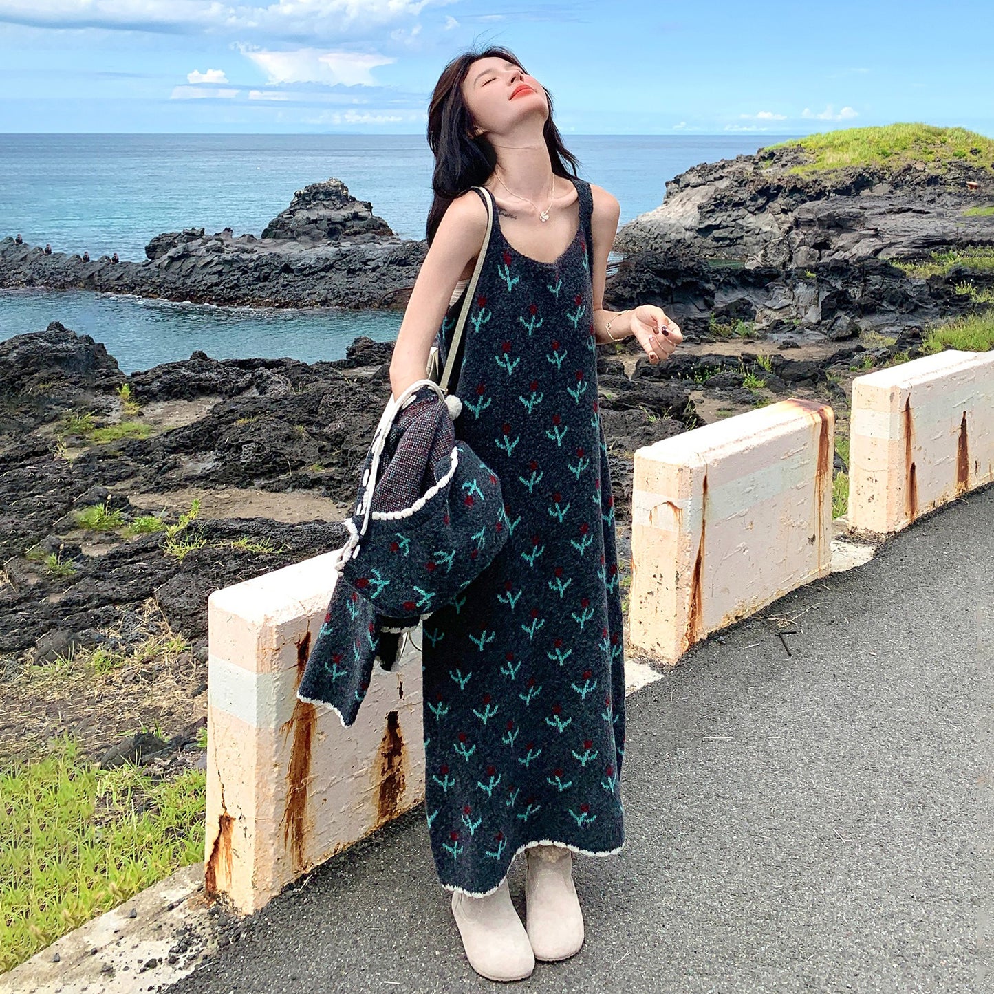 【セットアップ】花柄 ニットノースリーブワンピース + カーディガン セットアップ レディース 春秋 上品可愛い おしゃれ 2点セット【SHシリーズ】