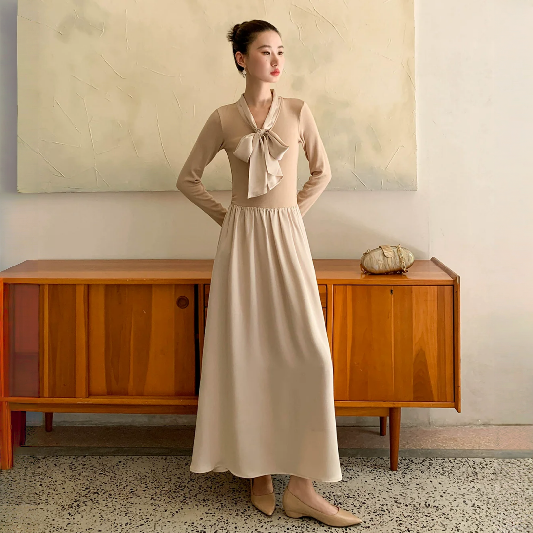 【ワンピース】春 秋 冬  リボンタイ 切り替え 長袖 ワンピース 【JZシリーズ】