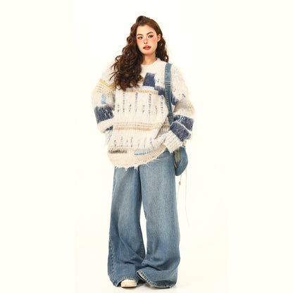 【トップス】🎄クリスマス モヘア風ボーダーニット レディース ゆったり抜け感 ペアセーター【FCシリーズ】