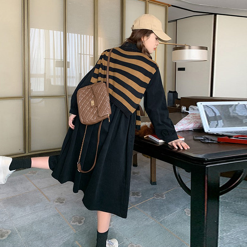 【ワンピース】ヴィンテージ風 ストライプショールワンピース 春秋 Aライン ゆったり 韓国風 長袖ワンピース【JZシリーズ】