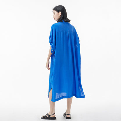 【ワンピース】韓国チック ギャザー 半袖 シャツワンピース レディース 夏 薄手 ロング丈 体型カバー おしゃれ 大人カジュアル【JZシリーズ】