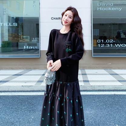 【ワンピース】ブラック花柄切替ロングワンピース 長袖 レディース 秋新作 ゆったりリラックス感 着痩せ見え 大人ナチュラルデザインワンピ【SHシリーズ】
