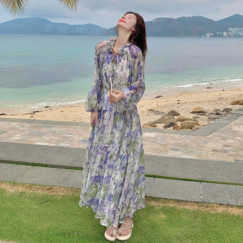 【ワンピース】パープル リゾート 長袖ワンピース｜上品 花柄 プリント ロング丈｜レトロ ウエストマーク 着痩せ｜高級感 撮影用 映えドレス【SHシリーズ】