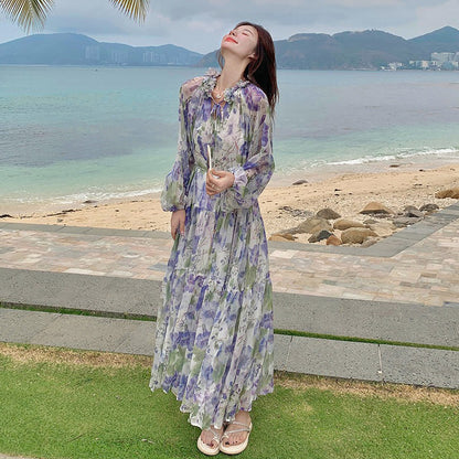 【ワンピース】パープル リゾート 長袖ワンピース｜上品 花柄 プリント ロング丈｜レトロ ウエストマーク 着痩せ｜高級感 撮影用 映えドレス【SHシリーズ】