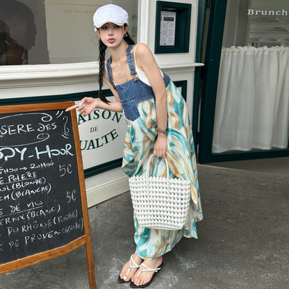 【ワンピース】夏新作 デザイン感たっぷり デニム切り替え シフォン花柄ノースリーブワンピース【SHシリーズ】