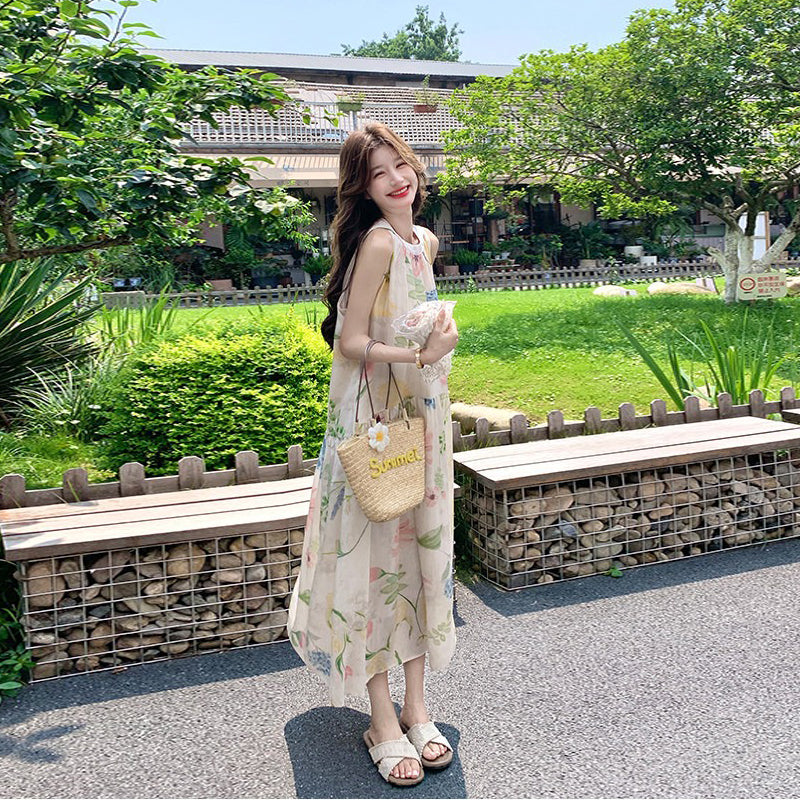 【ワンピース】フレンチレトロ花柄ホルターネックワンピース レディース リゾート風 ロング丈 プリント 夏ワンピース【SHシリーズ】