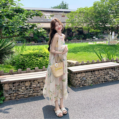 【ワンピース】フレンチレトロ花柄ホルターネックワンピース レディース リゾート風 ロング丈 プリント 夏ワンピース【SHシリーズ】