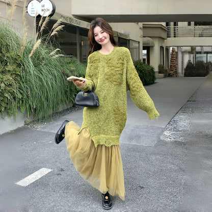 【ワンピース】気質よい レース 切り替えし フェイクレイヤード ニットワンピース【JZシリーズ】