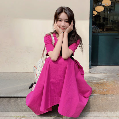 【ワンピース】魅力爆発 ドラゴンフルーツカラー切り替え 半袖ワンピース 若見え おしゃれ感満点