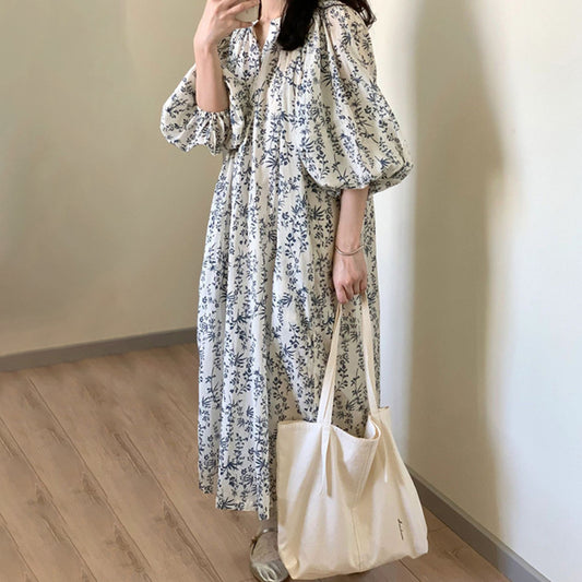 法式花卉印花連身裙｜顯瘦半袖長裙女｜夏季優雅氣質修身洋裝【SH系列】
