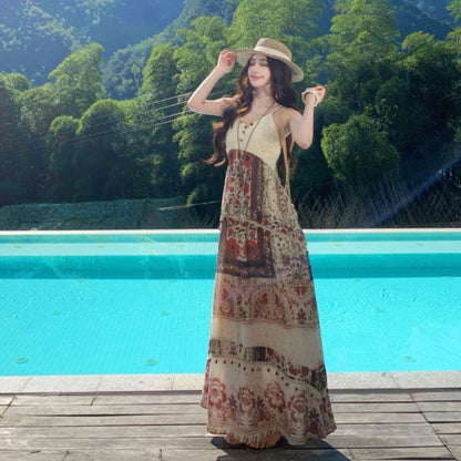 【ワンピース】エスニックボヘミアン風 花柄キャミワンピース Vネック ロング丈 海辺&旅行コーデ バカンスドレス【SHシリーズ】