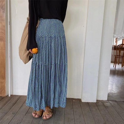 【ボトムス】ハイウエスト フラワープリーツスカート ロング丈 ゆったり 体型カバー 韓国風 おしゃれコーデ【SHシリーズ】