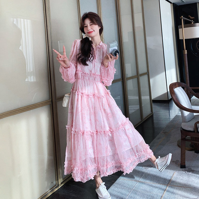 【ワンピース】透かし編み 水墨画風花柄長袖ワンピース レディース 春秋 トレンド 超可愛い【SHシリーズ】