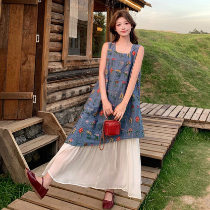 【ワンピース】フレンチ風エレガント お洒落配色プリント風フェイクレイヤード ノースリーブワンピース【SHシリーズ】