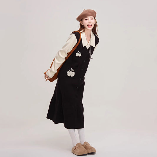 【ワンピース】🍒チェリーデザイン♡ツーピース風ニット長袖ワンピース  冬 レディース 高級感【JZシリーズ】