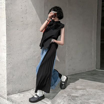 【ボトムス】レトロ香港風 バイカラー切替 プリーツデニムパンツ レディース 夏 ストレートパンツ 九分丈 ゆったり カジュアル【AHシリーズ】