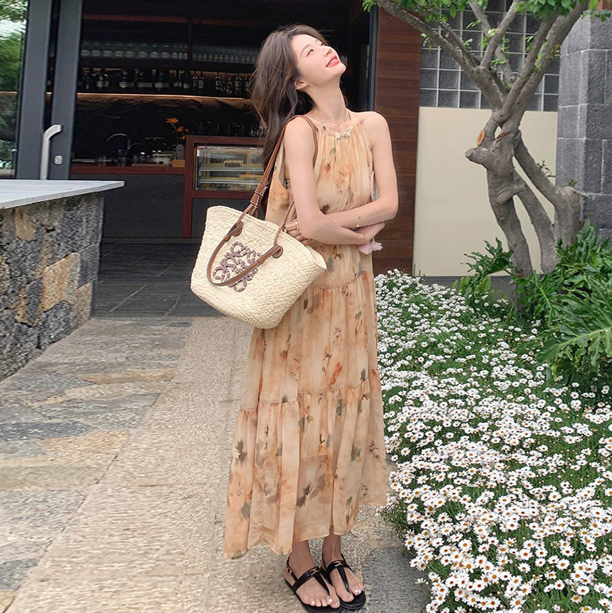 【ワンピース】イエロー 小花柄 ノースリーブ ホルターネック レディース 夏 フェアリー風 バカンス ワンピース【SHシリーズ】