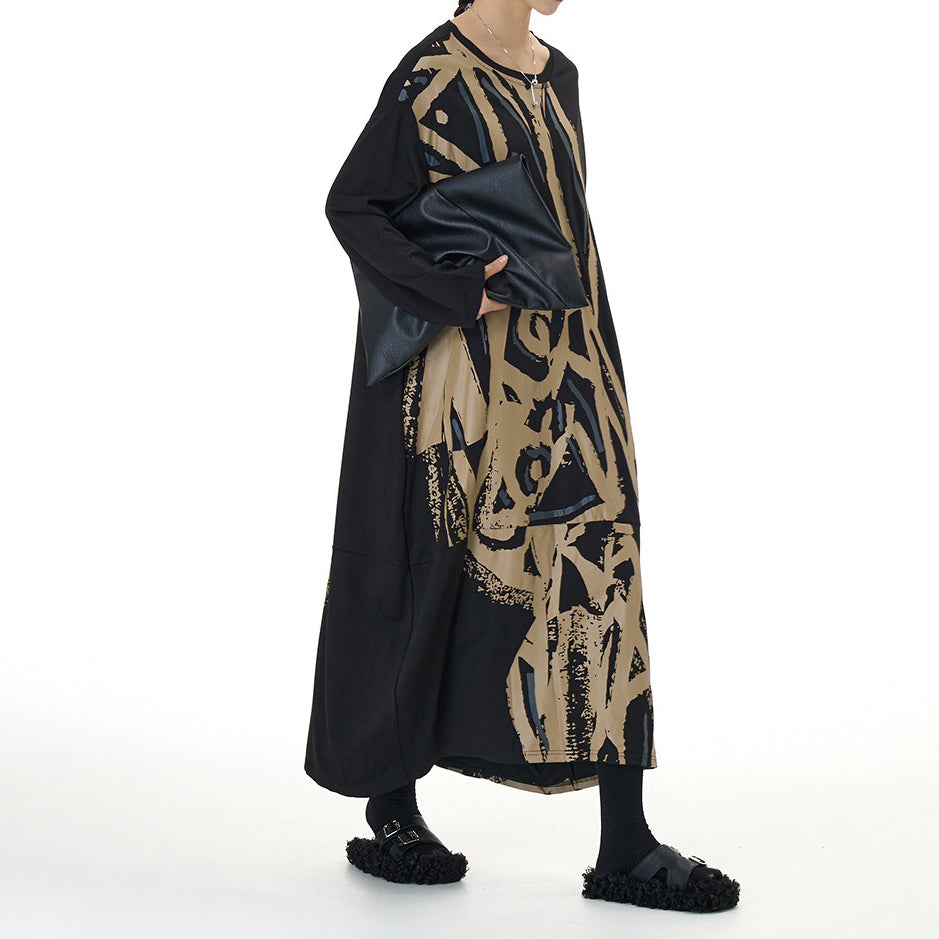 【ワンピース】ファッション 切替デザイン 長袖 プリントワンピース 春新作 大きいサイズ レディース ゆったり 体型カバー Aラインワンピース【SHシリーズ】