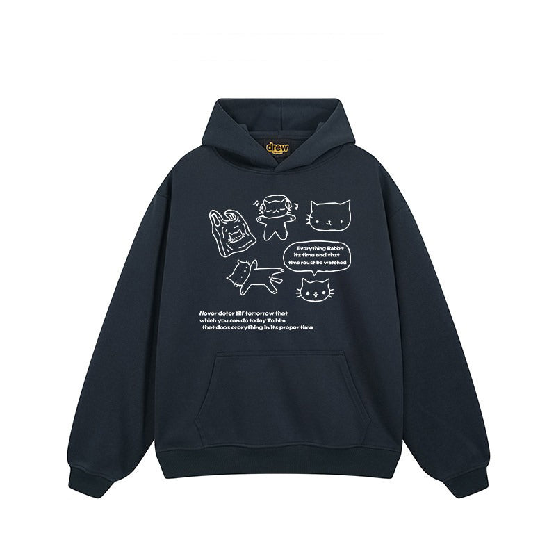 【トップス】🐱ストリート猫プリントヘビーウェイトコットンパーカー ユニセックス ペアルック 秋冬【FCシリーズ】
