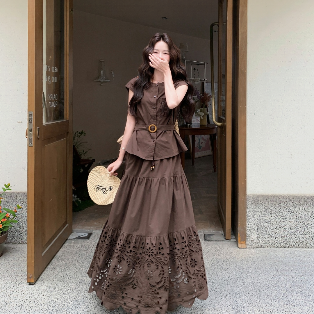 【セットアップ】立体刺繍 半袖トップス + スカート 2点セット 【JZシリーズ】