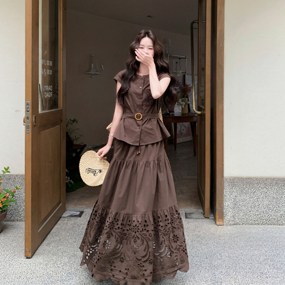 【セットアップ】立体刺繍 半袖トップス + スカート 2点セット 【JZシリーズ】