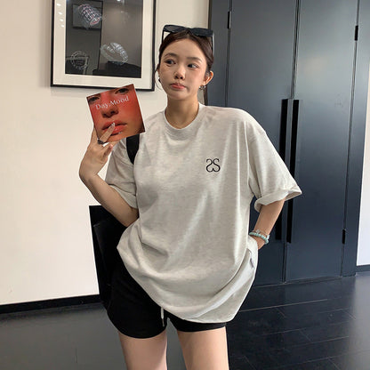 【トップス】ヴィンテージ風 シンプル刺繍Tシャツ 綿100％ レディース 夏 オーバーサイズ 半袖【FCシリーズ】