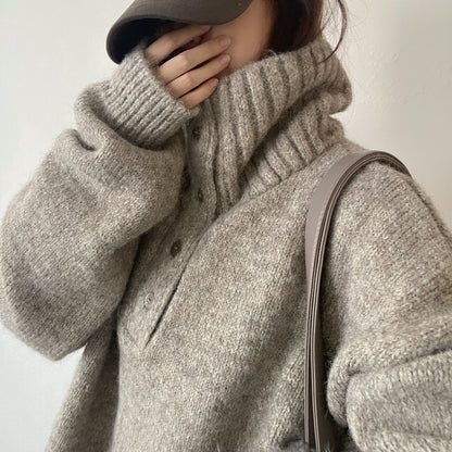 【トップス】ボタン装飾 ハイネック プルオーバ ニット セーター 【FCシリーズ】