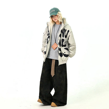 【アウター】ロゴ入り ファー付きフードコート レディース 冬 ゆったりBF風 韓国風 学院風 綿入れコート【FCシリーズ】