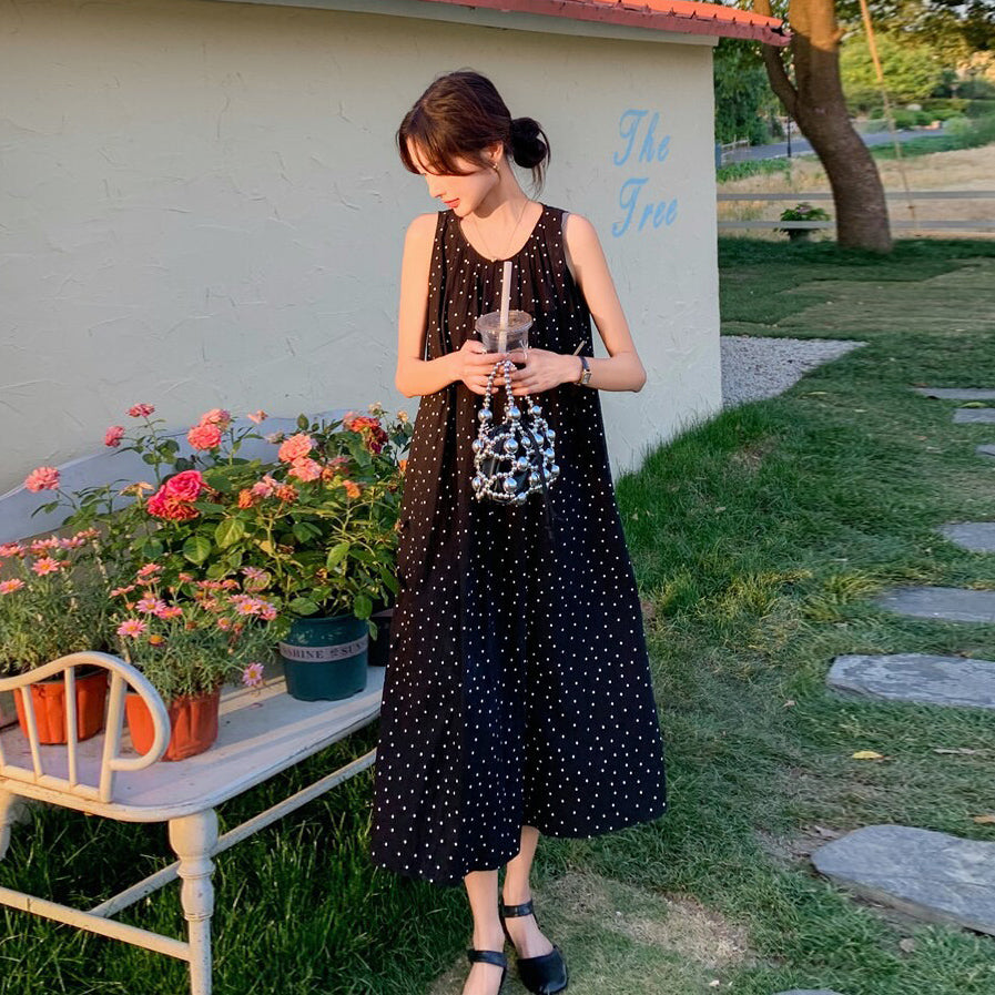 【ワンピース】バックオープン ドットワンピース 夏 ヘップバーン風 ユニークデザイン ノースリーブワンピース【SHシリーズ】