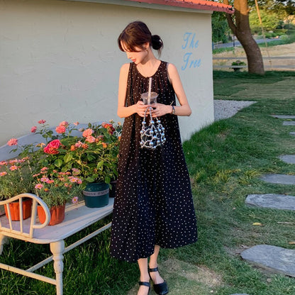 【ワンピース】バックオープン ドットワンピース 夏 ヘップバーン風 ユニークデザイン ノースリーブワンピース【SHシリーズ】
