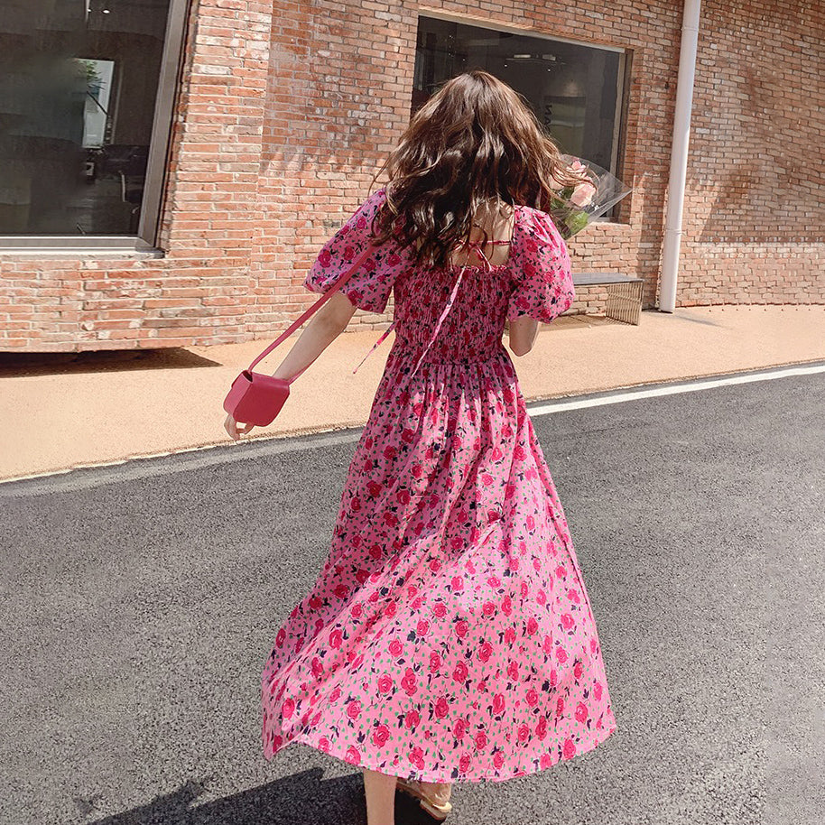 【ワンピース】夏 フレンチエレガンス ゆったりスクエアネック パフスリーブ シェイプアップ 半袖フラワープリントワンピース【SHシリーズ】