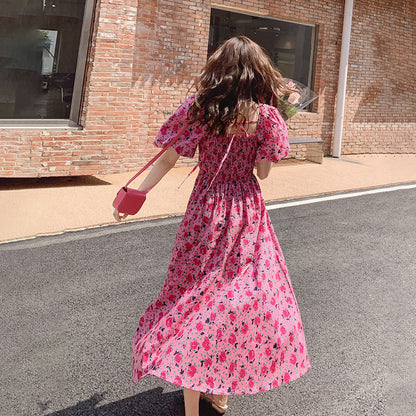 【ワンピース】夏 フレンチエレガンス ゆったりスクエアネック パフスリーブ シェイプアップ 半袖フラワープリントワンピース【SHシリーズ】