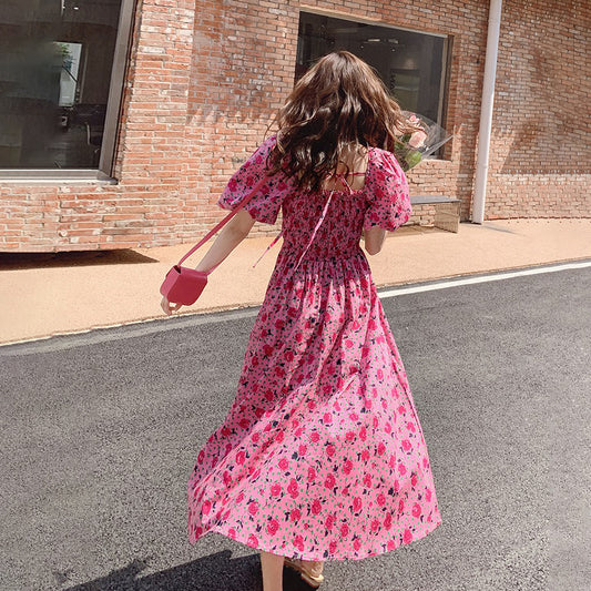 【ワンピース】夏 フレンチエレガンス ゆったりスクエアネック パフスリーブ シェイプアップ 半袖フラワープリントワンピース【SHシリーズ】