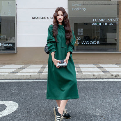 【ワンピース】グリーンハーフジップスウェットワンピース レディース スタンドカラー 長袖 ゆったり 韓国風 リラックス 秋コーデ【JZシリーズ】