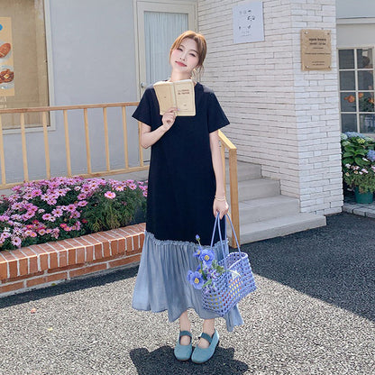 【ワンピース】配色切替 Vネック 半袖ワンピース レディース 夏 ゆったり ロング丈 リラックスシルエット カジュアル【JZシリーズ】