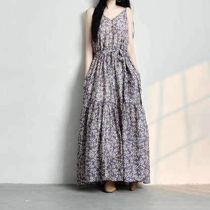 【ワンピース】花柄リネンワンピース レディース 夏 キャミワンピース ボヘミアン風 ノースリーブ ロング丈 リゾート【SHシリーズ】
